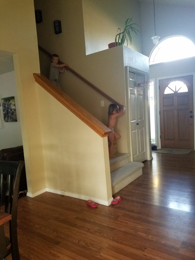 White and wood banister stairs makeover 80s