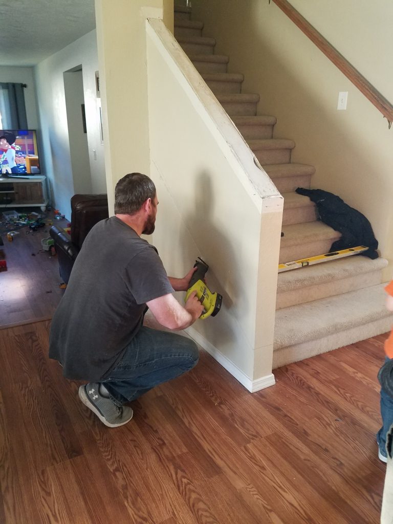 White and wood banister stairs makeover