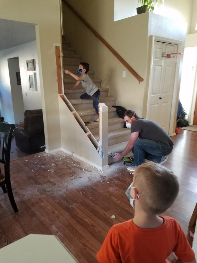 white and wood banister 80s stairs makeover