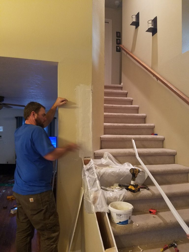 White and wood banister stairs makeover