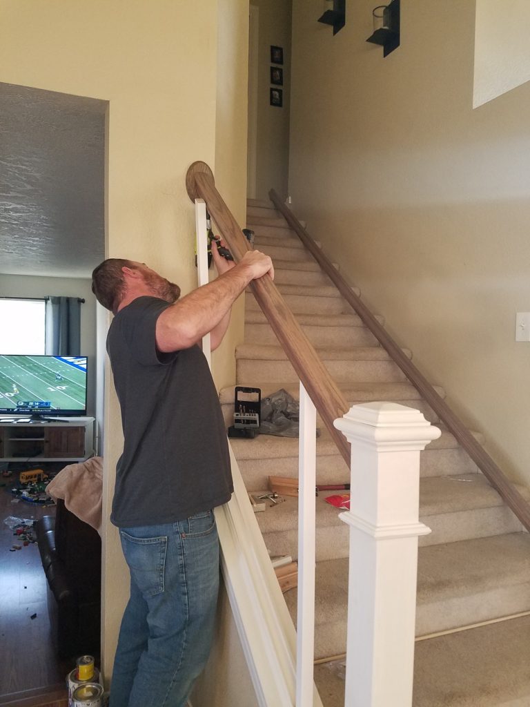 White and wood banister stairs makeover